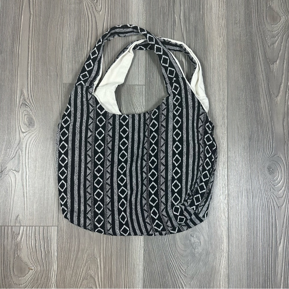 Boho Canvas Shoulder‎ Bag Black White Geometric Print Tote Slouchy Bag